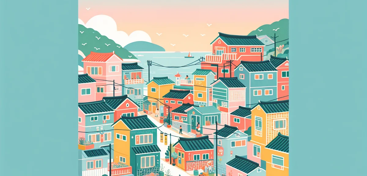 Busan Gamcheon Culture Village colorful houses on hillside, scenic coastal Korean town, vibrant stre