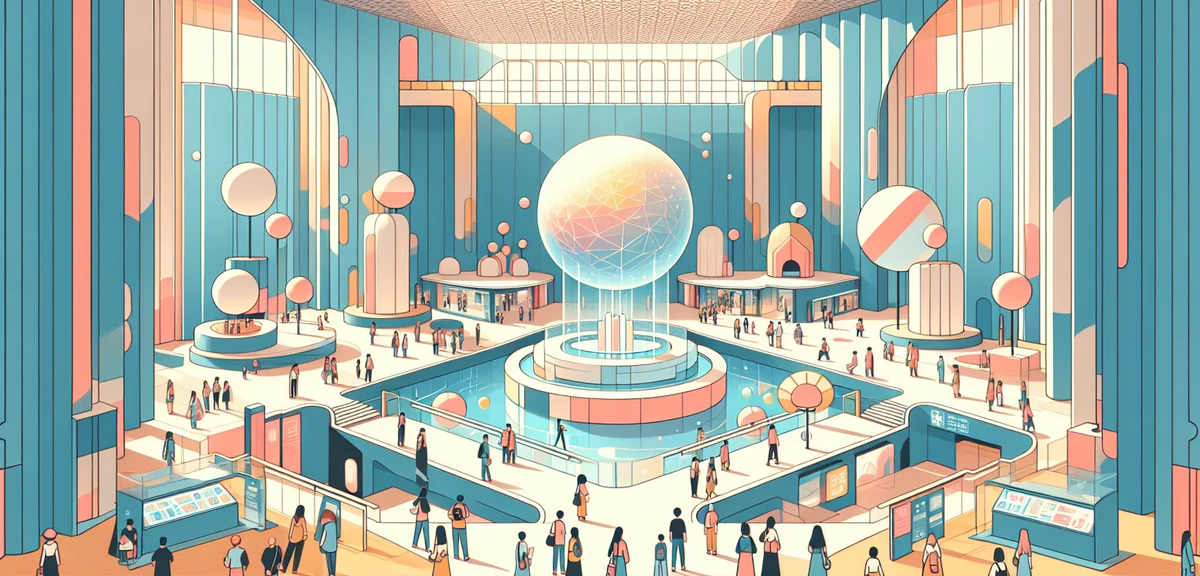 Inside Osaka Expo 2025 pavilion exhibition, futuristic design, technology showcase, visitors enjoyin