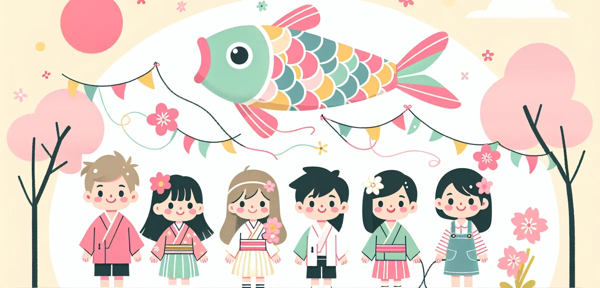 Japanese children celebrating Children's Day with koinobori carp streamers, families enjoying spring