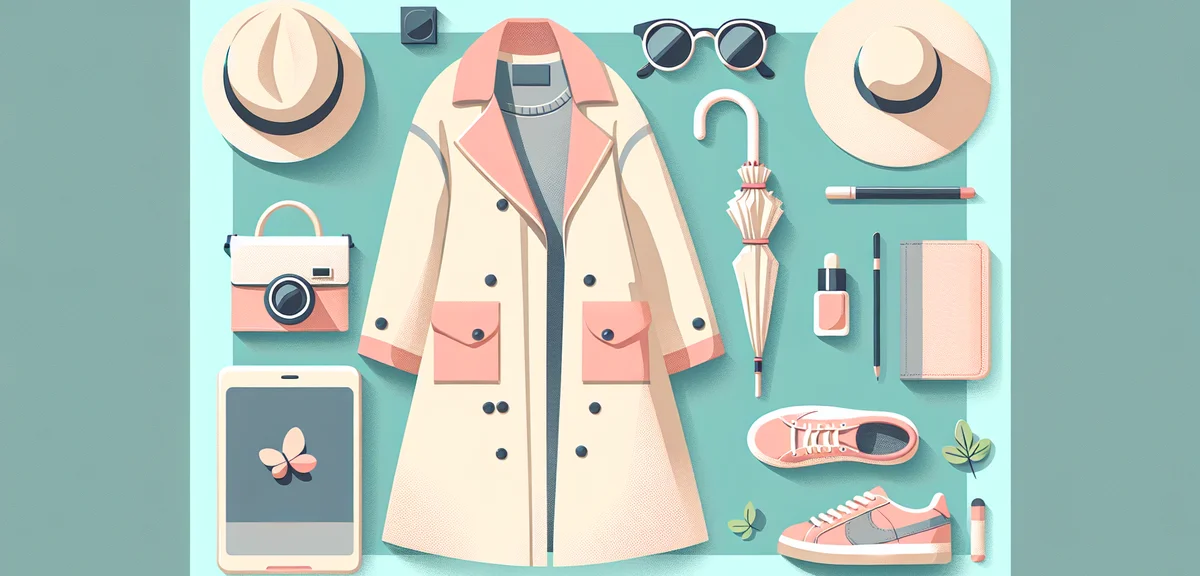 Spring fashion outfit flat lay with light jacket, sunglasses, hat, umbrella, sneakers, Japanese styl