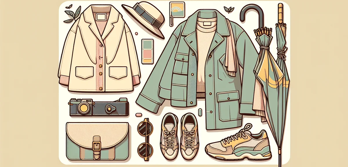 Spring fashion outfit flat lay with light jacket, sunglasses, hat, umbrella, sneakers, Japanese styl
