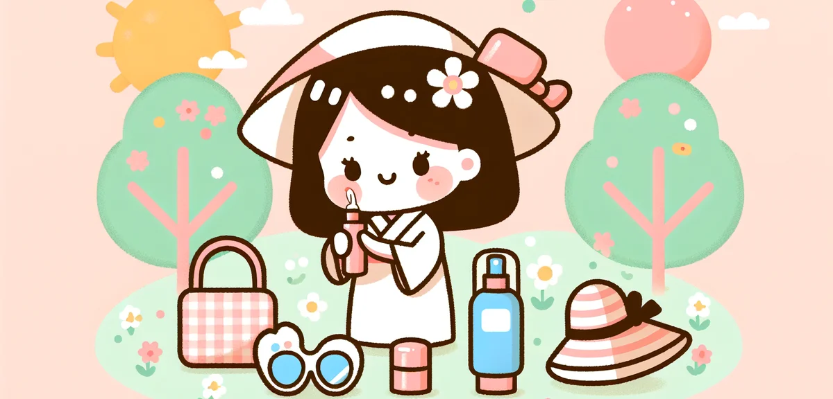 Japanese woman applying sunscreen at a sunny park in spring, UV protection items like hat sunglasses