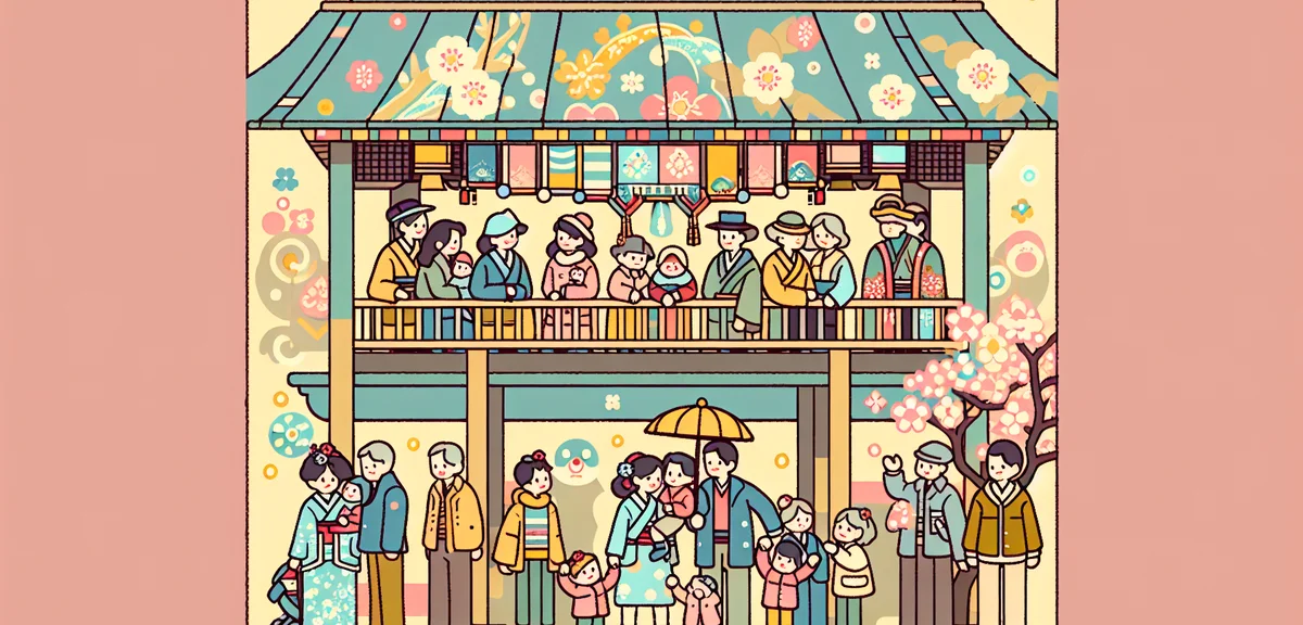 Families waiting in line at a popular Disney attraction, colorful themed queue area, excited childre