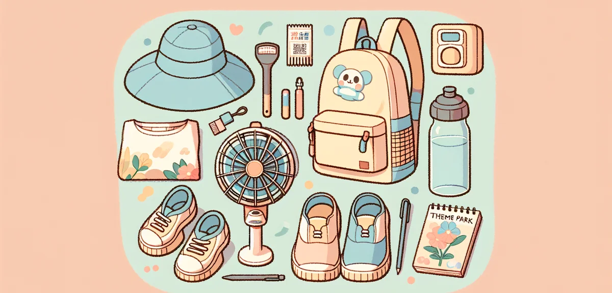 Disney park essentials laid out - comfortable walking shoes, sun hat, portable fan, backpack, water 