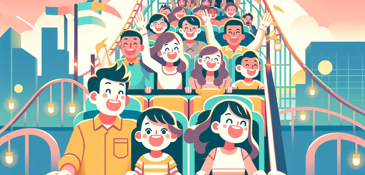 A family excitedly riding a roller coaster at a theme park, motion blur effect, colorful lights, hap