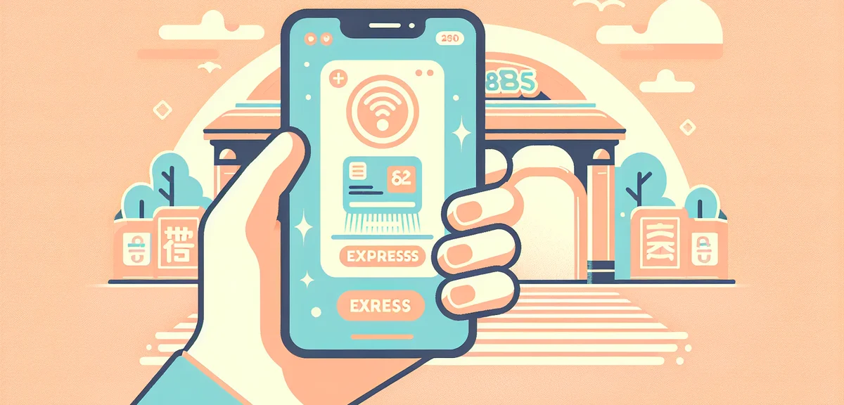 A smart phone showing a digital ticket and express pass for a theme park, held by a hand with the pa