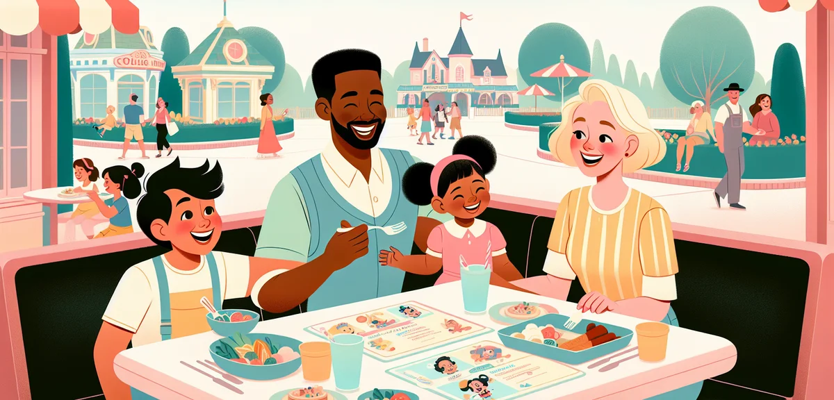 A happy family with young children enjoying a theme park meal at an outdoor restaurant, colorful kid