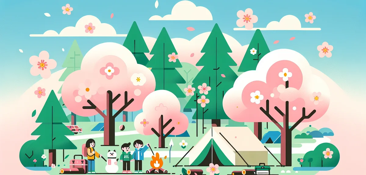 Family camping scene in Japanese spring forest, green tent surrounded by cherry blossoms, warm campf
