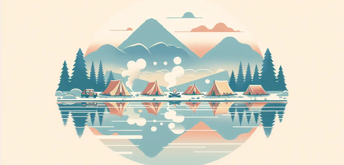 Morning mist over a lakeside campsite in Japan, tents reflected in calm water, mountains in backgrou