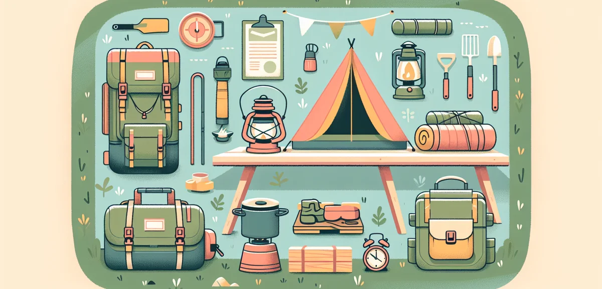 Camping gear laid out on wooden table, backpack, sleeping bag, lantern, cooking equipment, outdoor p
