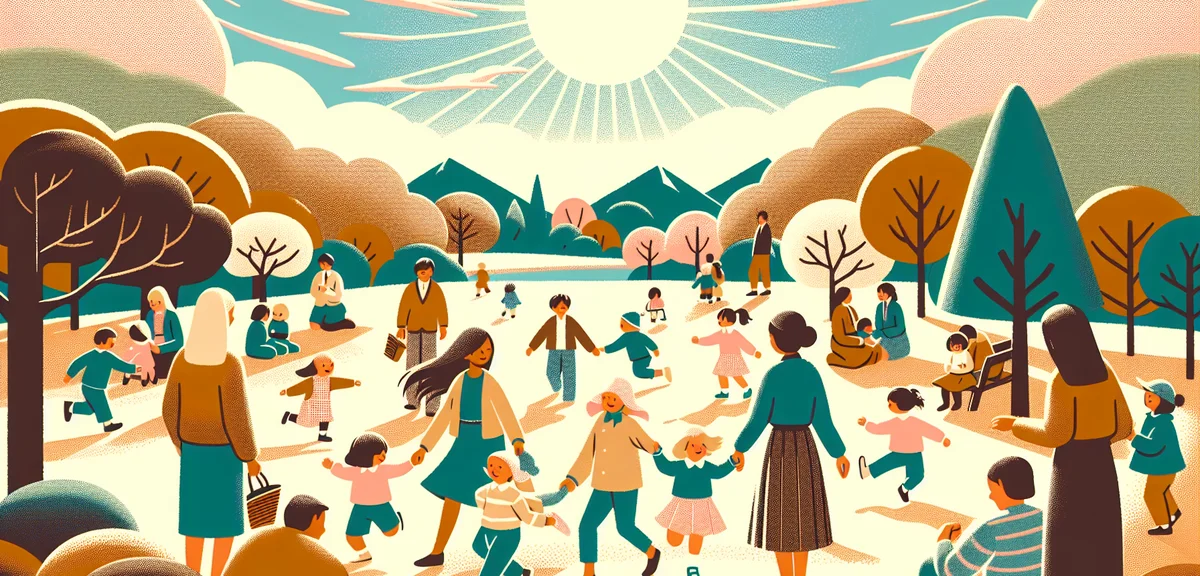 Japanese elementary school children having fun at nature park with parents, outdoor activities, spri