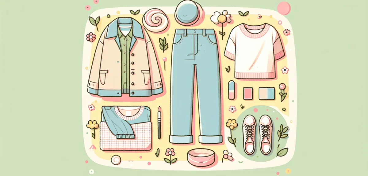 Layered outfit flat lay with light jacket, t-shirt, jeans and sneakers, spring fashion concept