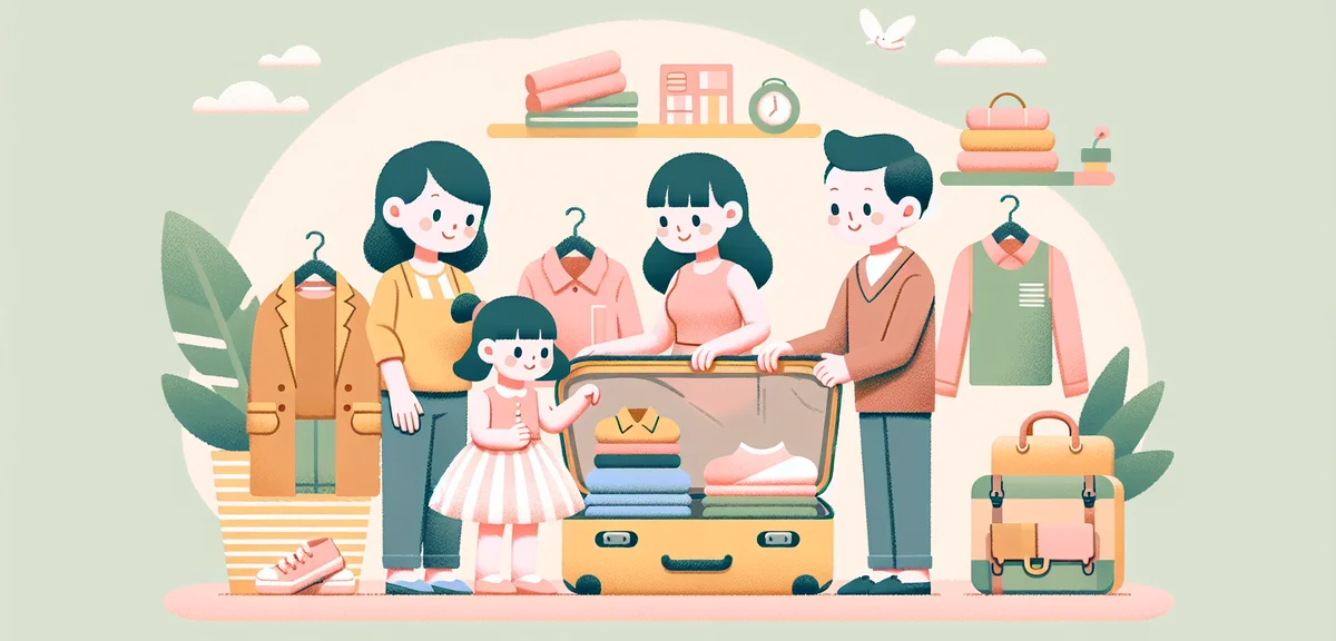 Family packing suitcase with various clothes for trip, preparing for weather changes concept