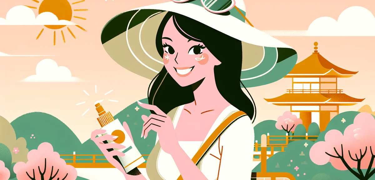 Woman applying sunscreen and wearing UV protection hat and sunglasses, bright sunny outdoor spring d