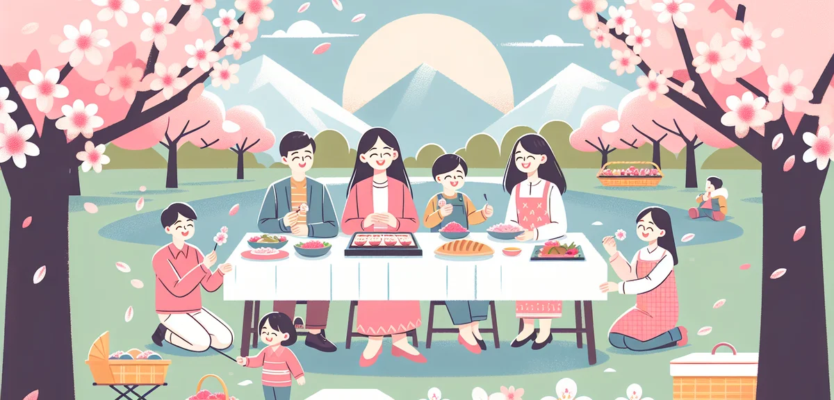 Japanese family enjoying outdoor picnic in a beautiful park during spring, cherry blossoms, happy at