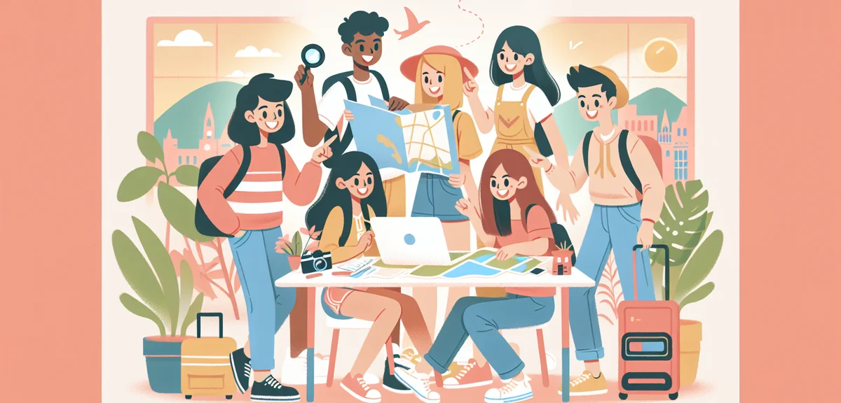 Young Japanese people planning trip together looking at map and laptop, excited travel preparation