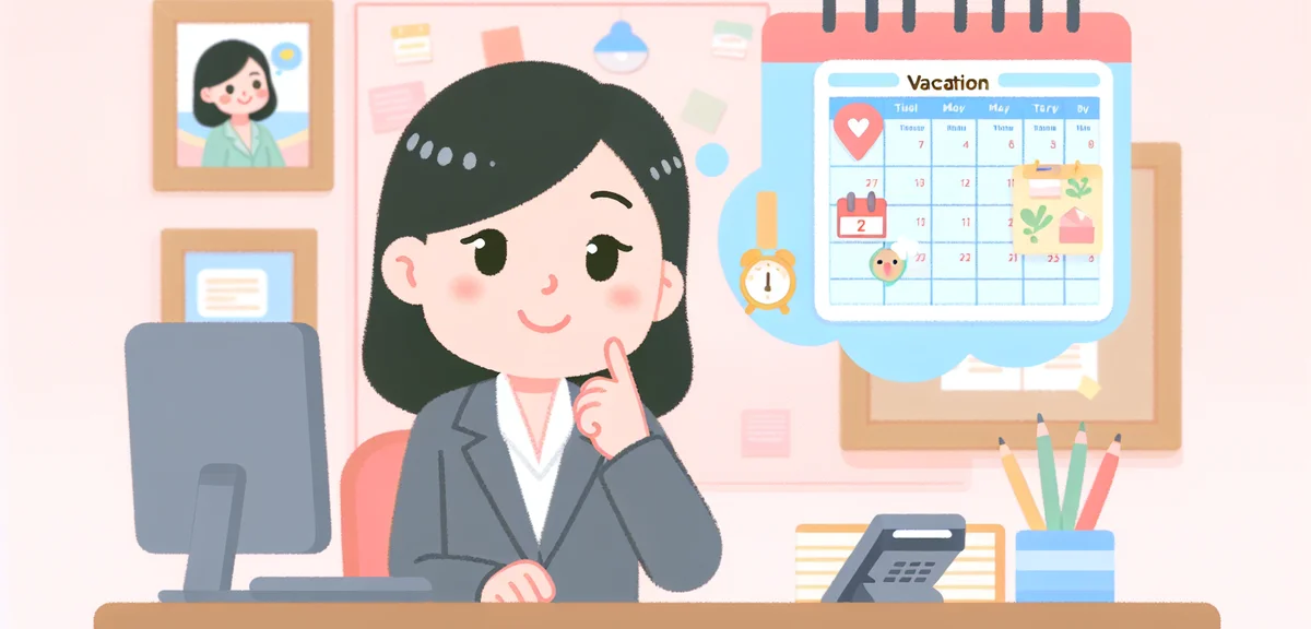 Japanese business person looking at calendar planning vacation days, office setting, thinking pose