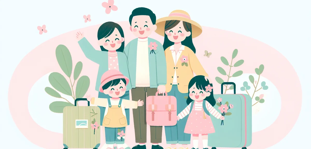 Happy Japanese family with suitcases ready for golden week trip, excited atmosphere, spring travel
