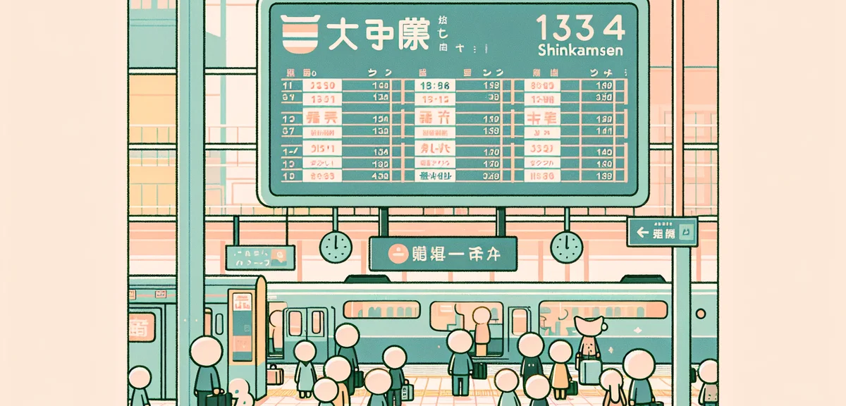 Shinkansen departure board at Tokyo Station showing train schedules, busy golden week period