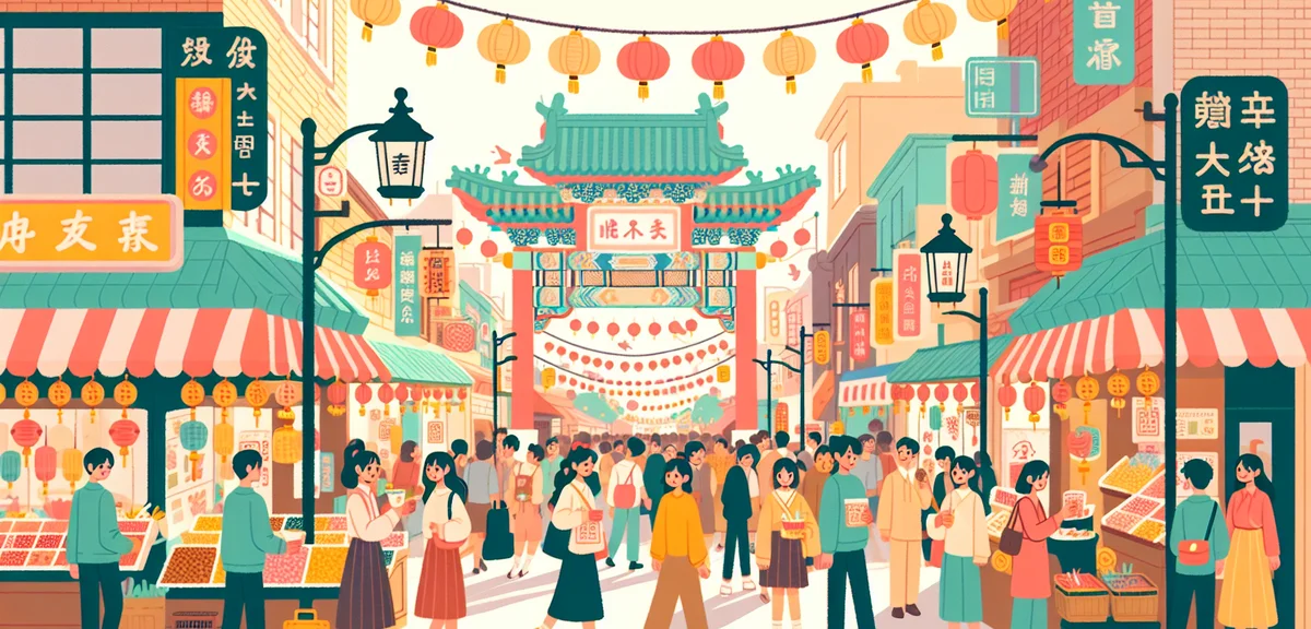 Yokohama Chinatown colorful gates and crowded street, Chinese lanterns and decorations, people enjoy