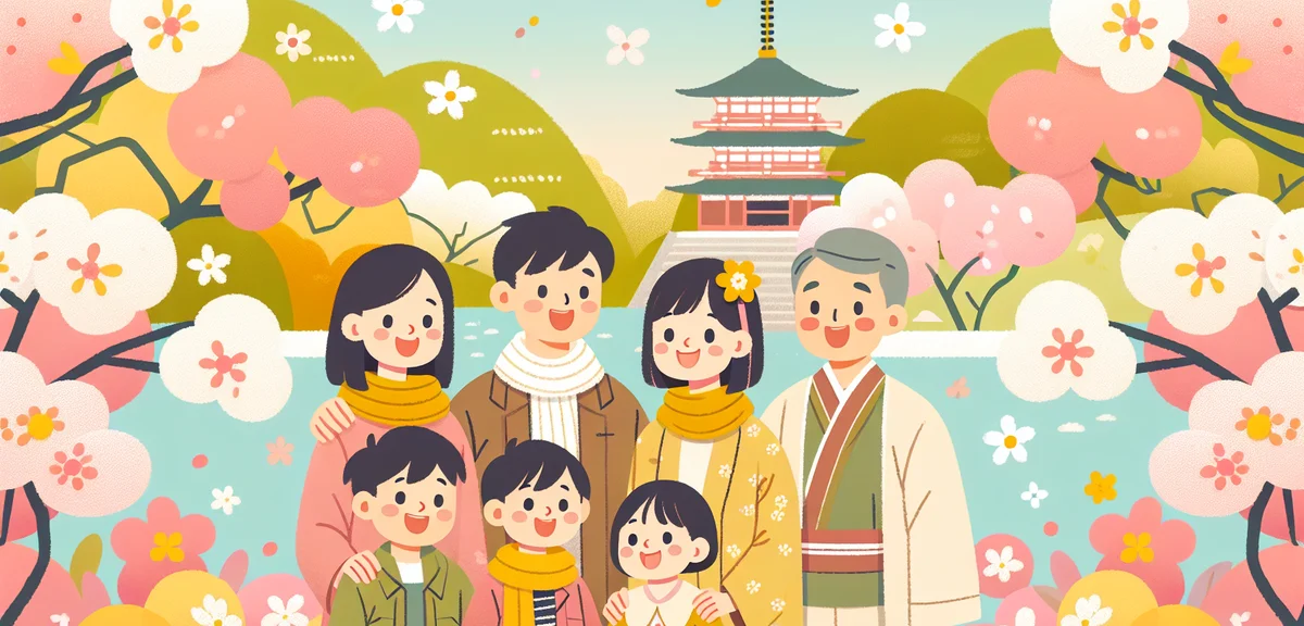 Japanese family enjoying sightseeing at famous tourist spot during golden week, spring flowers, happ