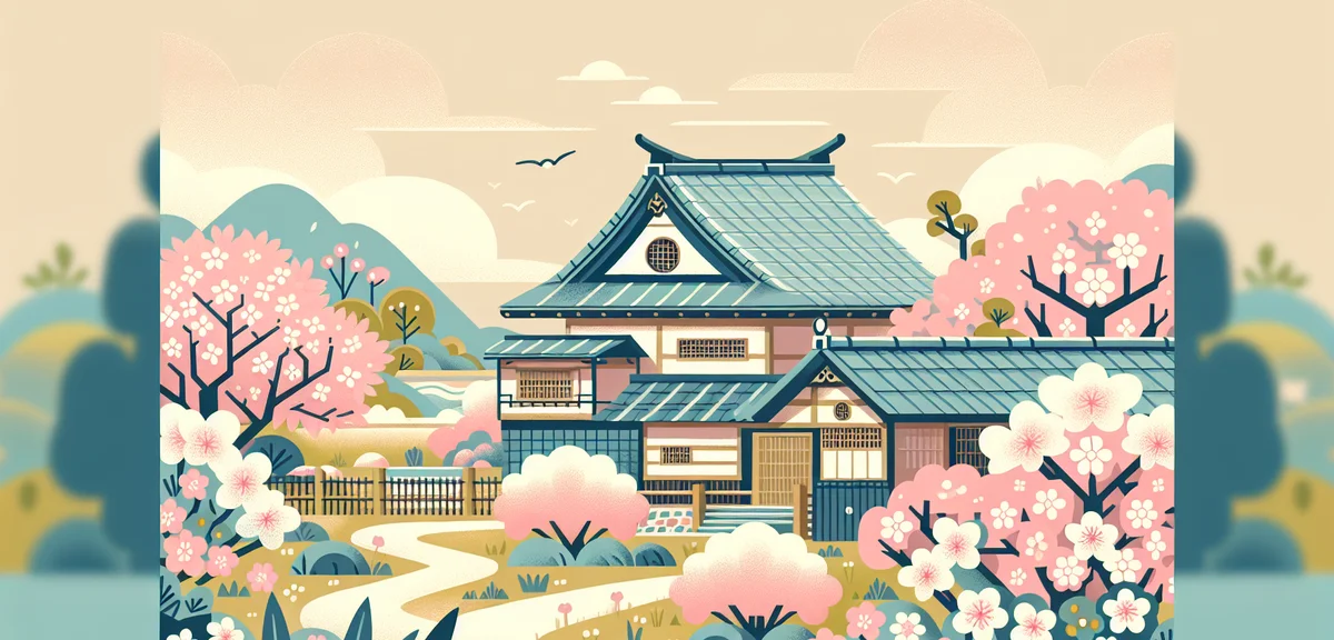 Scenic Japanese countryside landscape with cherry blossoms and traditional architecture, peaceful sp
