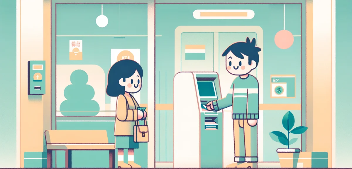 Japanese person using ATM machine during holiday, casual clothing, indoor banking scene