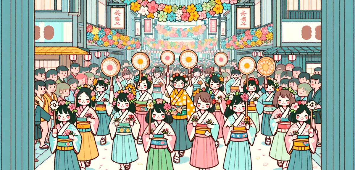 Hakata Dontaku festival parade in Fukuoka Japan, colorful traditional dancers with shamoji rice padd