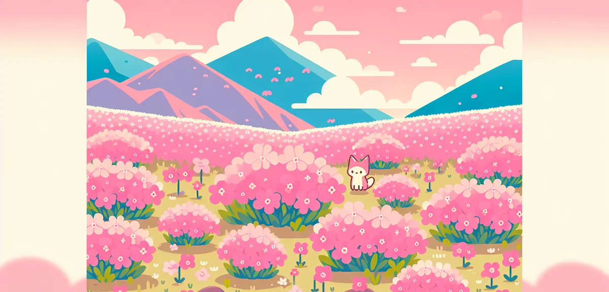 Pink moss phlox field (shibazakura) covering hillside in Hokkaido, mountain backdrop, vibrant spring