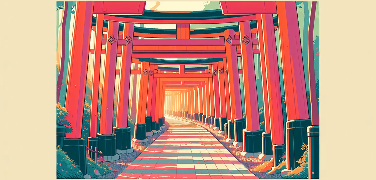 Fushimi Inari shrine torii gates tunnel in early morning light, peaceful atmosphere, vibrant vermill