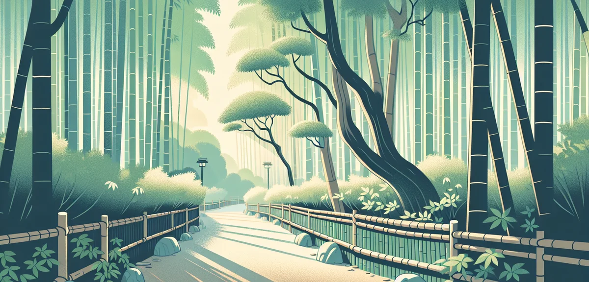 Arashiyama bamboo grove in Kyoto with morning sunlight, serene green bamboo forest, empty pathway