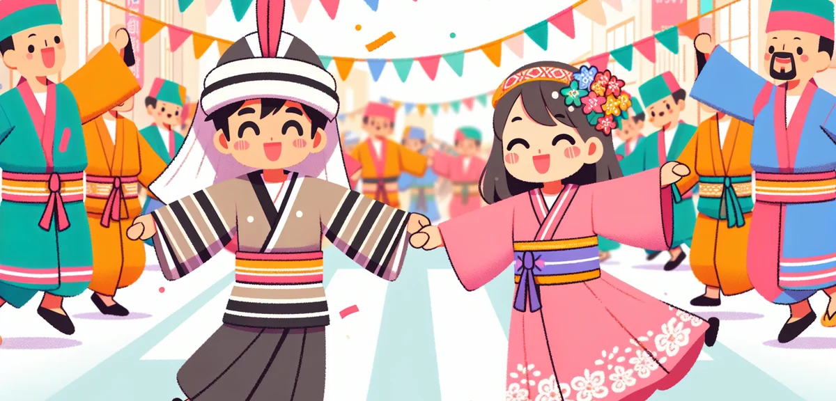 Hakata Dontaku festival parade with people dancing in traditional costumes on a city street, festive