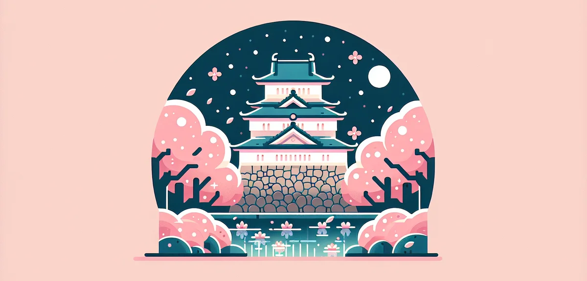 Hirosaki Castle surrounded by cherry blossoms at night with illumination, pink petals floating on mo