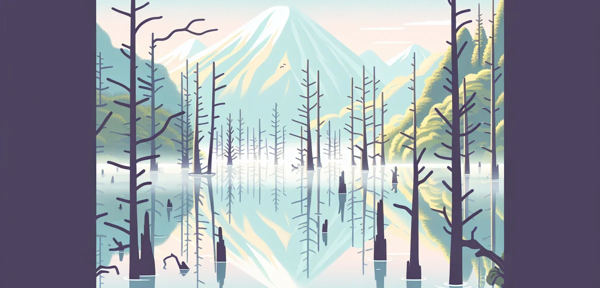 Taisho Pond in Kamikochi with dead trees standing in water, morning mist, Hotaka Mountains reflected