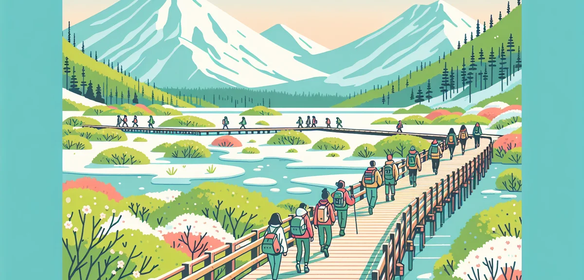 Hikers walking on wooden boardwalk trail in Kamikochi, surrounded by fresh green forest, snow patche