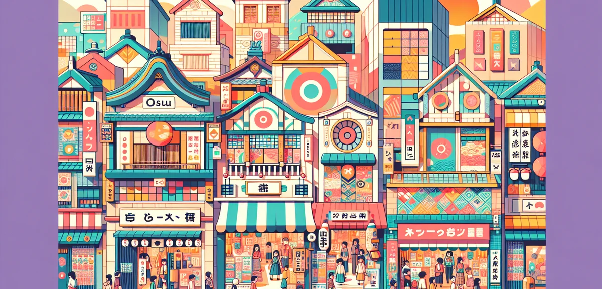 Osu Shopping district in Nagoya, colorful traditional and modern shops, bustling crowd, vibrant atmo