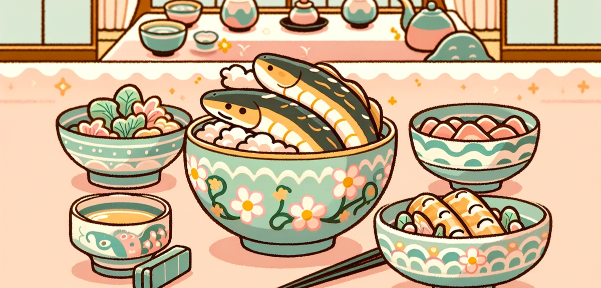 Hitsumabushi eel dish in Nagoya style, three ways to eat, beautiful ceramic bowl, traditional Japane