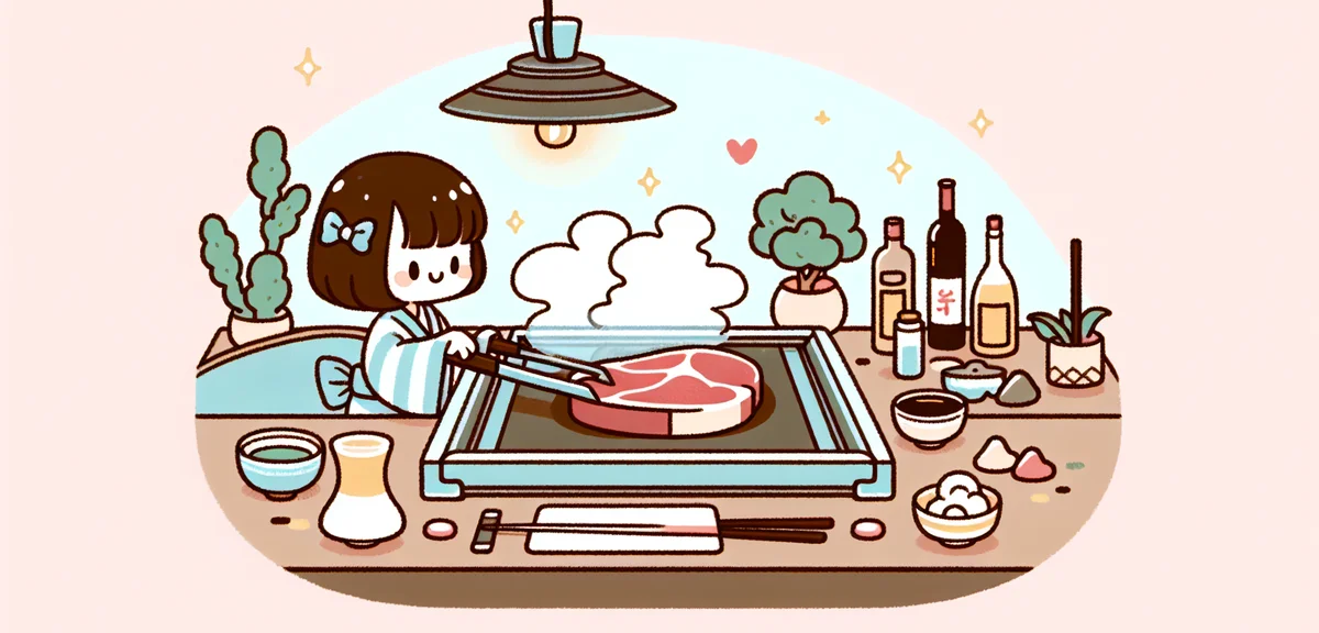 Premium Kobe beef steak being grilled on teppanyaki, marbled meat, elegant restaurant atmosphere