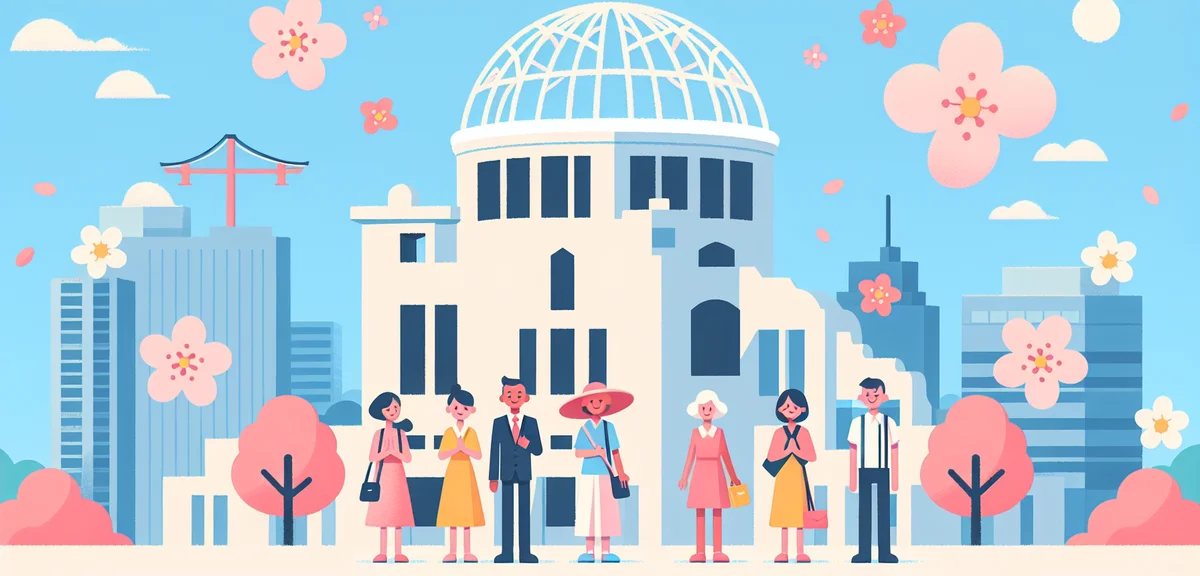 Hiroshima Peace Memorial Dome (Atomic Bomb Dome) with blue sky, cherry blossom petals, peaceful atmo