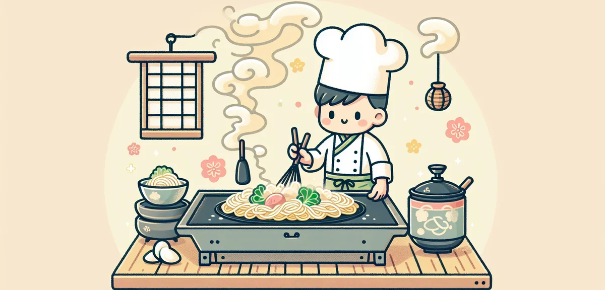 Hiroshima style okonomiyaki being cooked on iron plate, layered noodles and cabbage, chef's hands, s