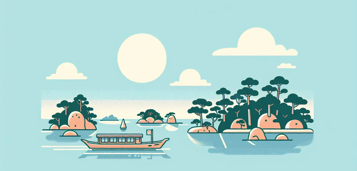 Matsushima Bay with pine-covered islands, traditional Japanese tourist boat cruising, spring blue sk