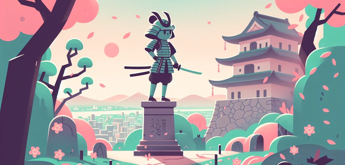 Date Masamune statue at Sendai Castle ruins, spring scenery, overlooking Sendai city, dramatic samur