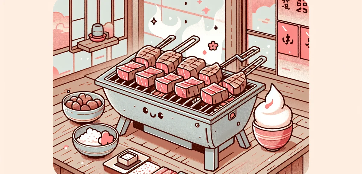 Grilled beef tongue (gyutan) sizzling on charcoal grill, Sendai style, thick-cut meat, Japanese rest