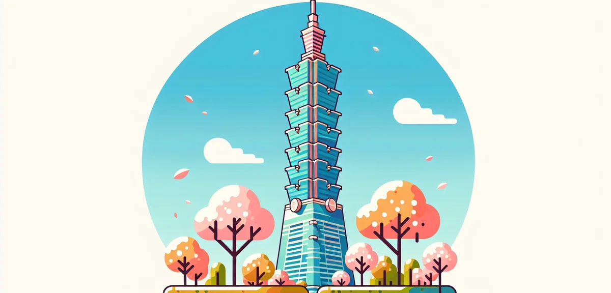 Taipei 101 tower from below with blue sky, modern architecture, spring season