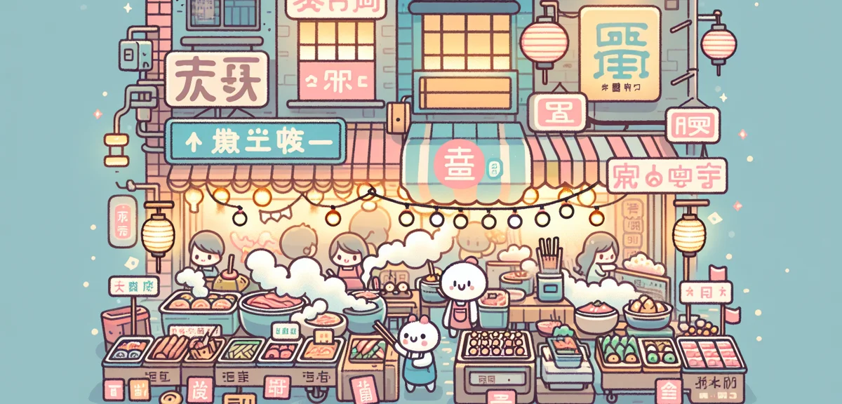 Taiwan night market street food stalls, colorful signs, steam rising from food, crowded lively atmos