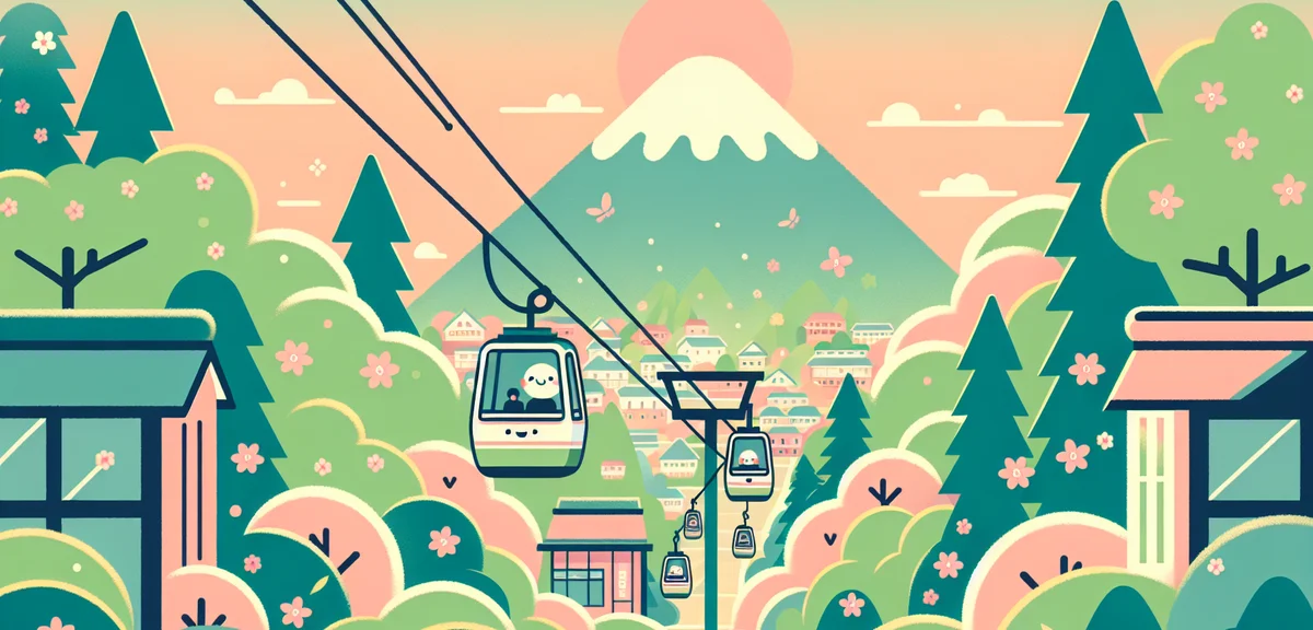 Takao-san cable car going up the mountain through green forest, spring foliage