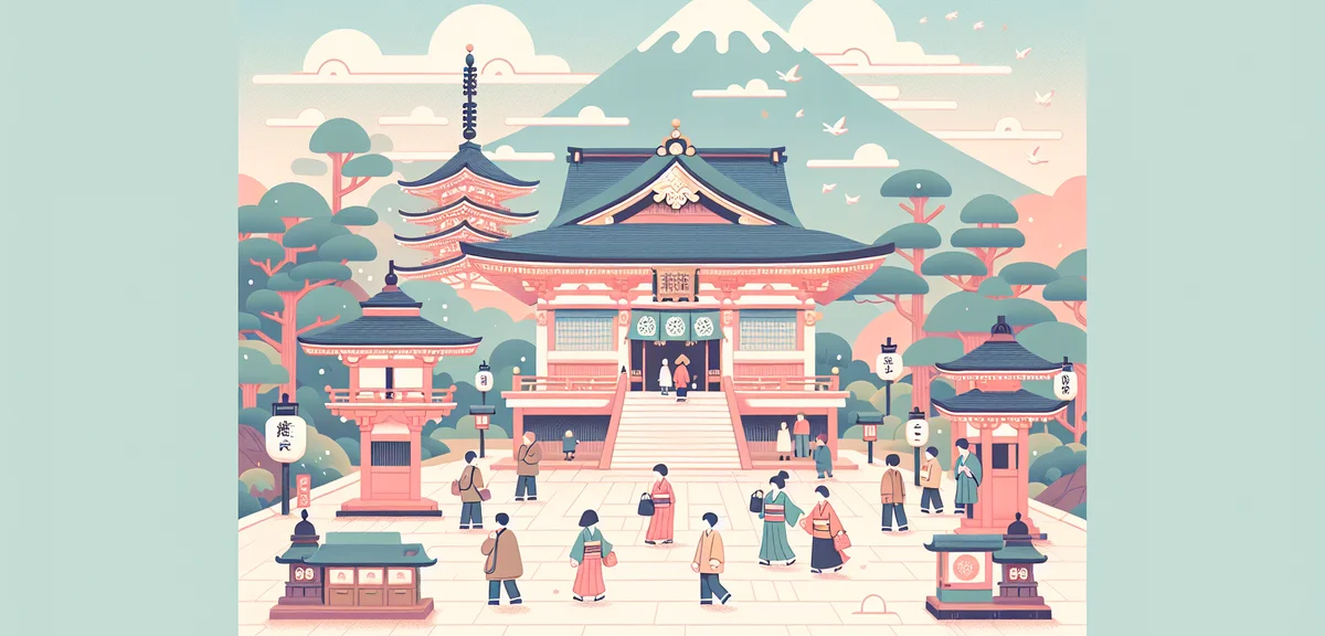 Yakuoin Temple at Mount Takao with traditional Japanese architecture, visitors walking, lanterns