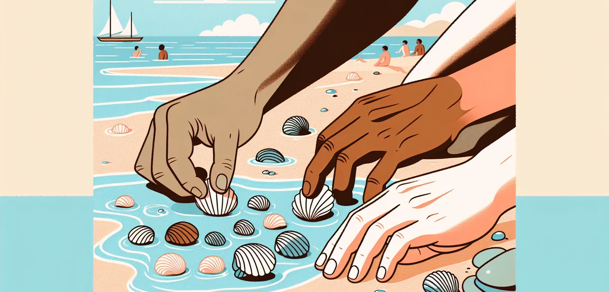 Close-up of hands digging clams from sandy beach, Japanese coastal scenery, clear water