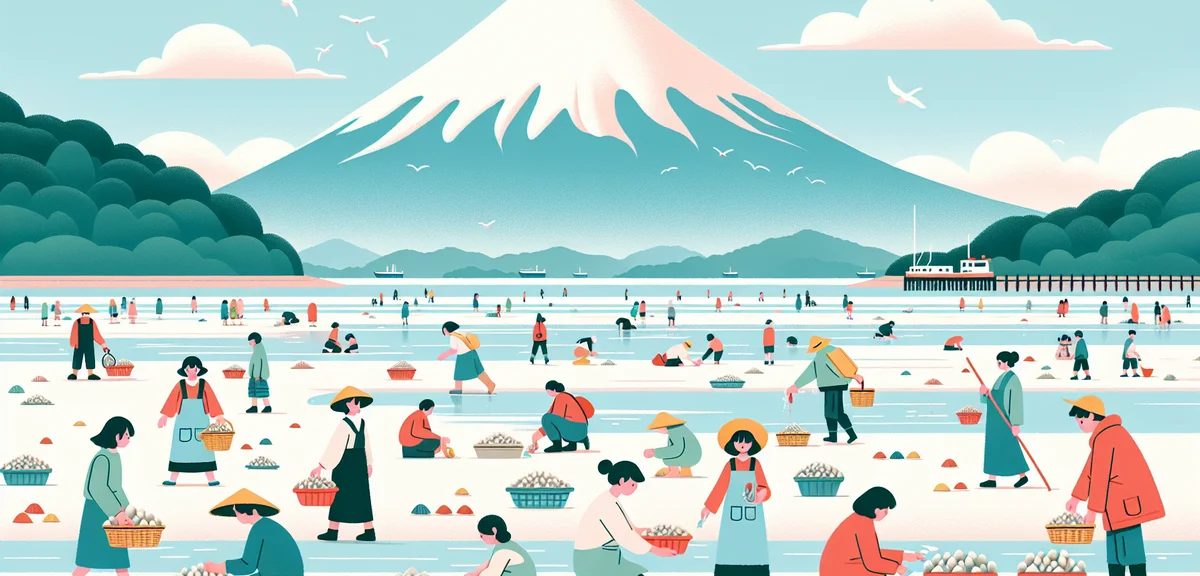 Coastal beach at low tide with many people shellfish gathering, Mount Fuji in background, spring wea