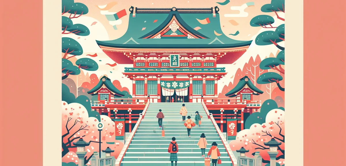 Tsurugaoka Hachimangu shrine main hall with vibrant red color, visitors climbing stone stairs, Japan